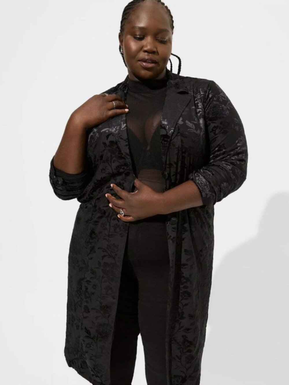 Torrid, black velour burnout long light coat NWT